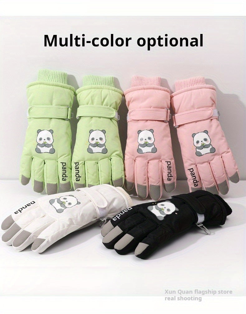 1 Pair Women'S Winter Ski Gloves, Cute Panda Design, Touchscreen Compatible, Polyester Thermal Lining, Velvet Palm, Magic Tape Closure, Hand Washable, Weather-Resistant